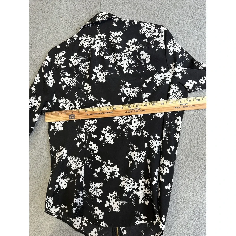 Michael Kors Jacket Womens Medium Black White Floral Full Zip Gold Accents Shirt